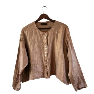 Eleven Stitch Design Copper Brown Satin Boxy Button Front Top Womens Size S